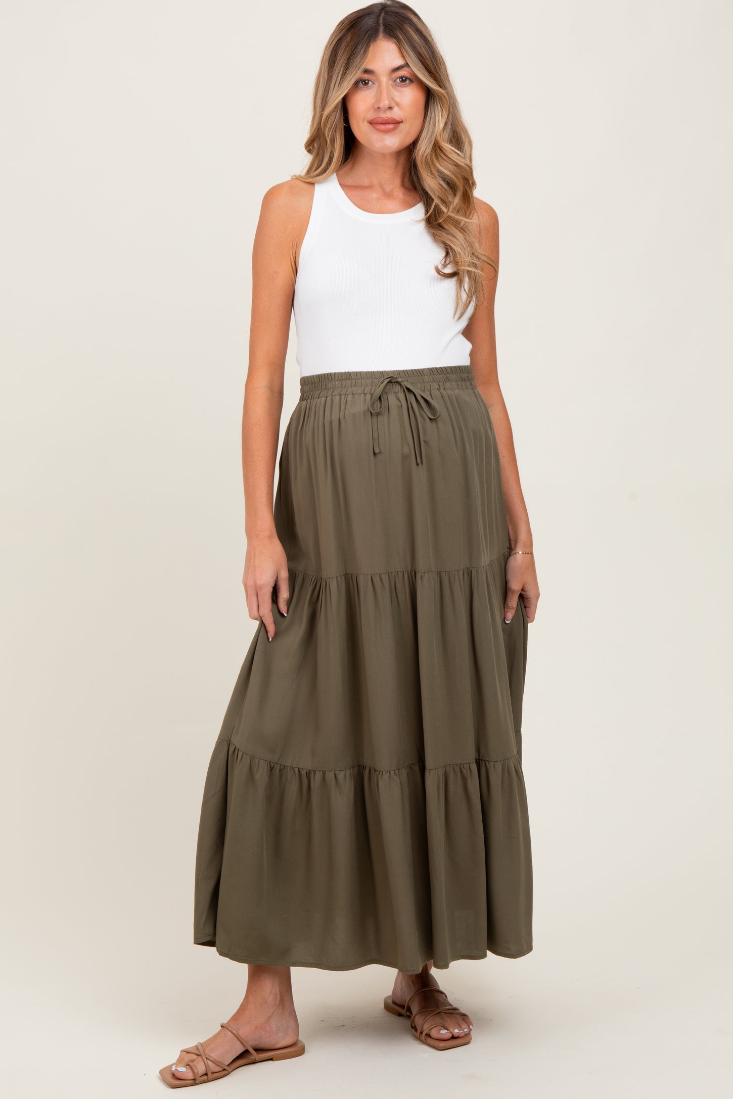 Olive Drawstring Tiered Maternity Maxi Skirt