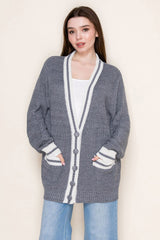Grey Oversized Contrast Stripe Maternity Button Cardigan