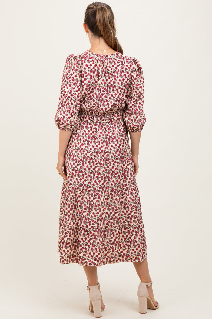 Cream Floral Button Down Front Tie Maternity Midi Dress