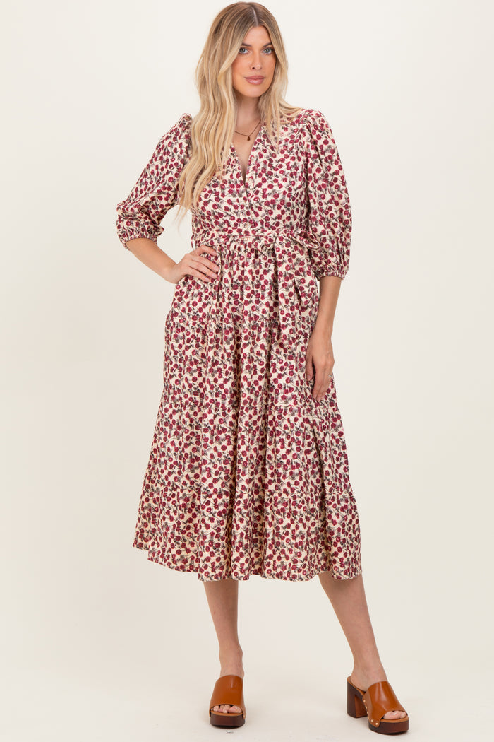 Cream Floral Button Down Front Tie Midi Dress