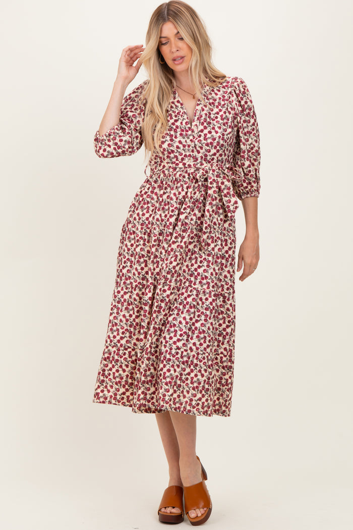 Cream Floral Button Down Front Tie Midi Dress