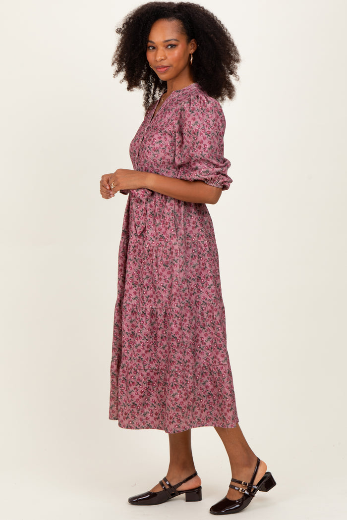 Pink Floral Button Down Front Tie Midi Dress