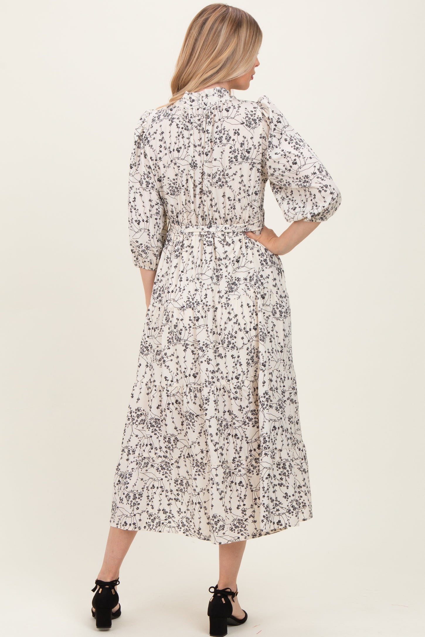 Cream Floral Neck Tie Midi Dress