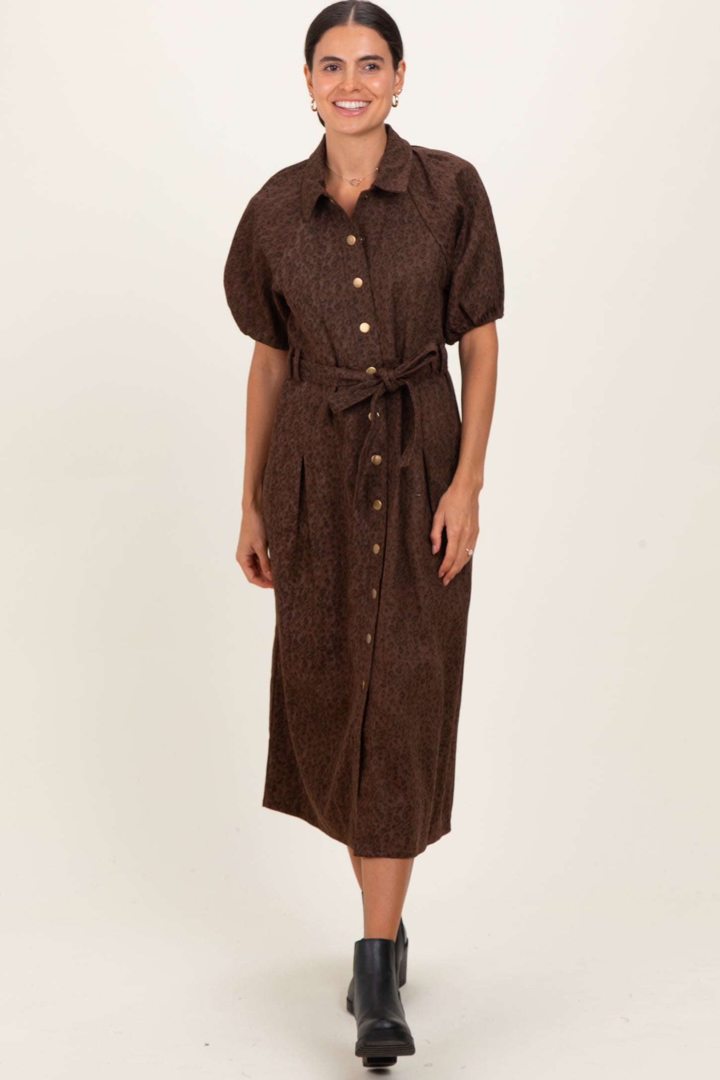 Brown Floral Button Front Waist Tie Midi Dress