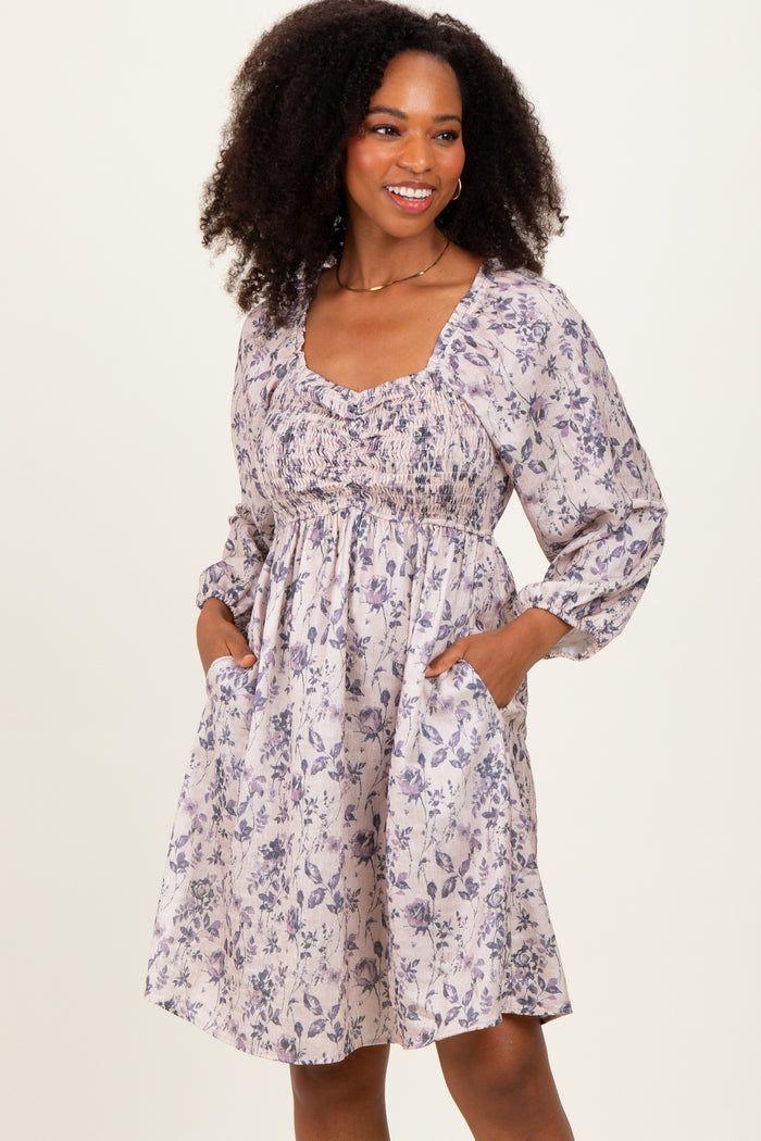 Cream Floral Sweetheart Neck Smocked Maternity Dress