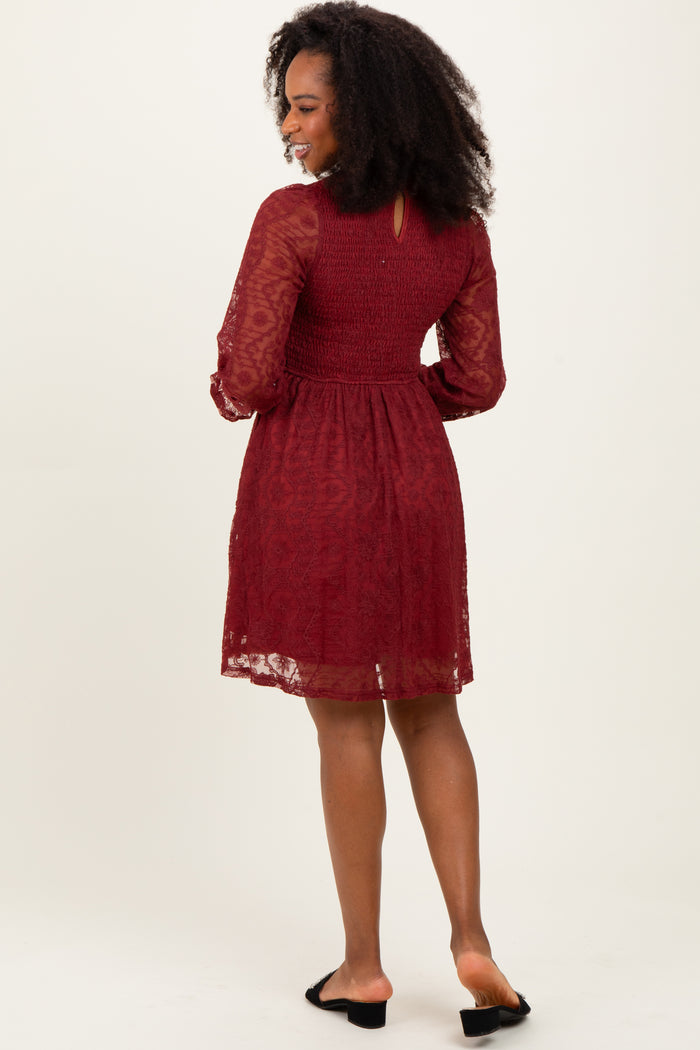 Red Lace Smocked Long Sleeve Dress
