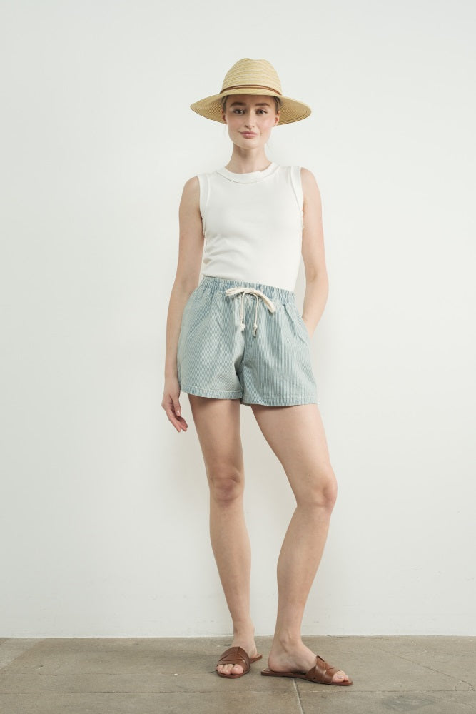 Light Blue Striped Drawstring Denim Shorts