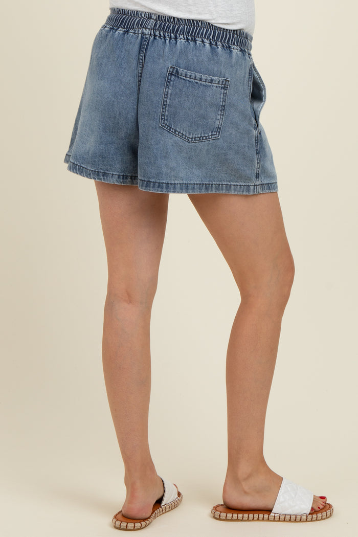 Blue Drawstring Maternity Denim Shorts