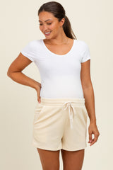 Cream Ribbed Texture Drawstring Maternity Shorts