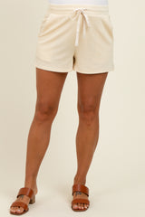 Cream Ribbed Texture Drawstring Maternity Shorts