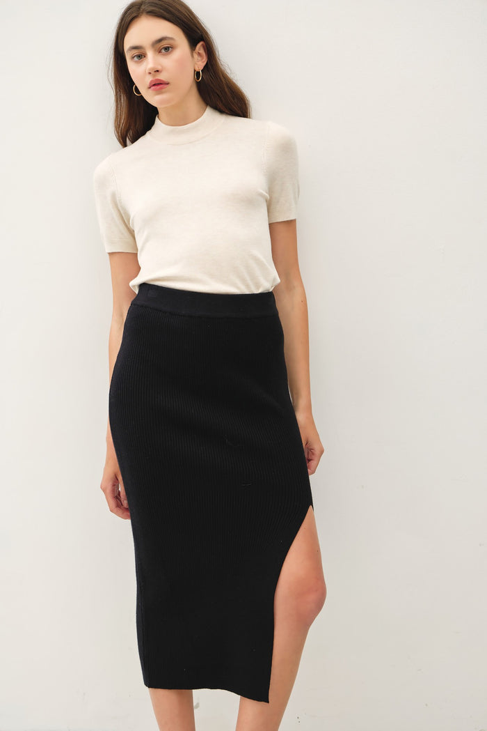 Black Ribbed Knit Side Slit Maternity Midi Skirt