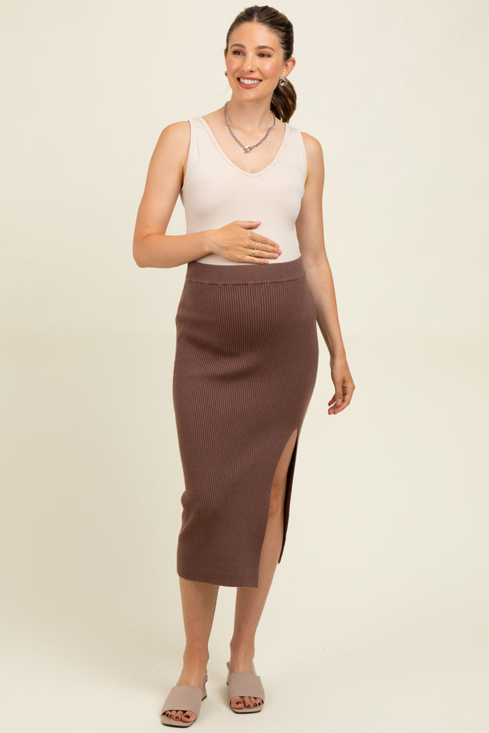Mocha Ribbed Knit Side Slit Maternity Midi Skirt