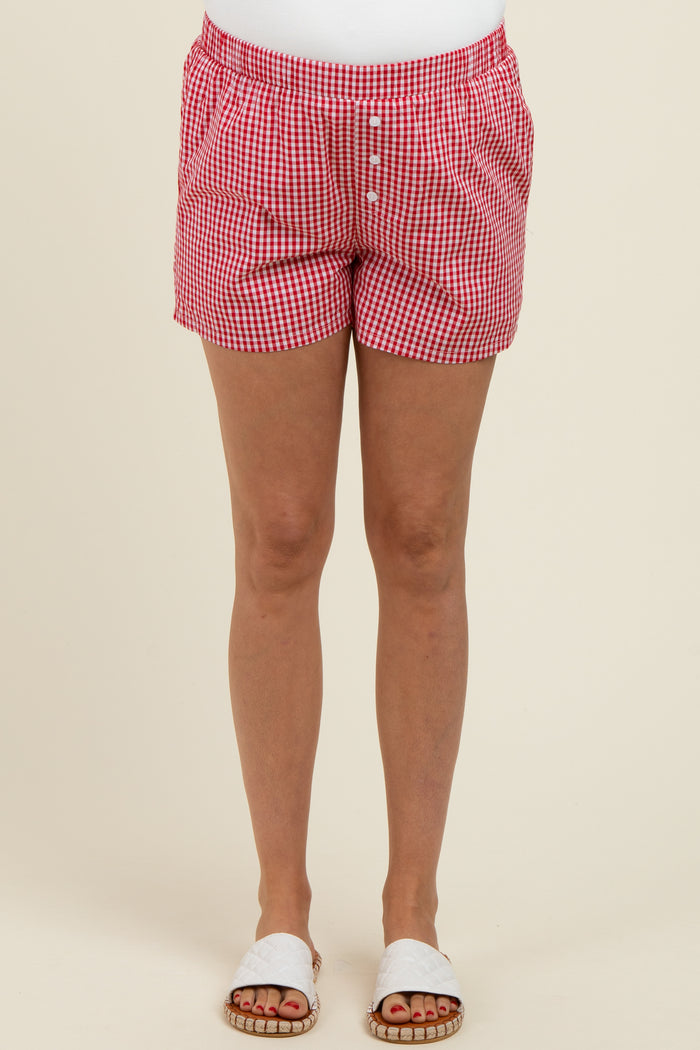 Red Gingham Button Accent Maternity Shorts
