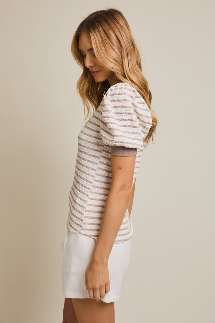 Ivory Striped Puff Short Sleeve Top
