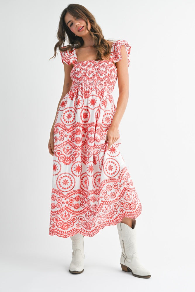Red Embroidered Smocked Cutout Midi Dress