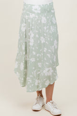 Light Olive Floral Smocked Waist Round Hem Maternity Midi Skirts