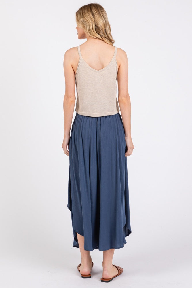 Light Navy Smocked Waist Rounded Hem Skirt