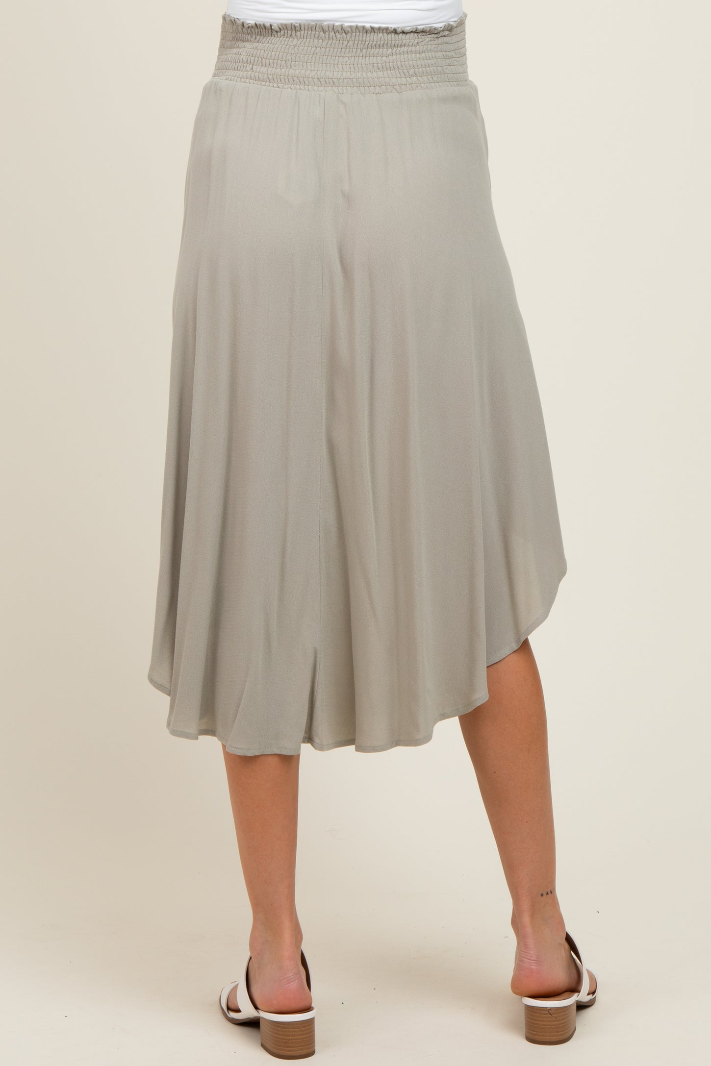 Light Olive Smocked Waist Rounded Hem Maternity Midi Skirt