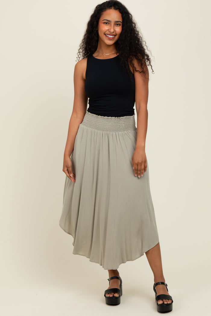 Light Olive Smocked Waist Rounded Hem Maternity Midi Skirt
