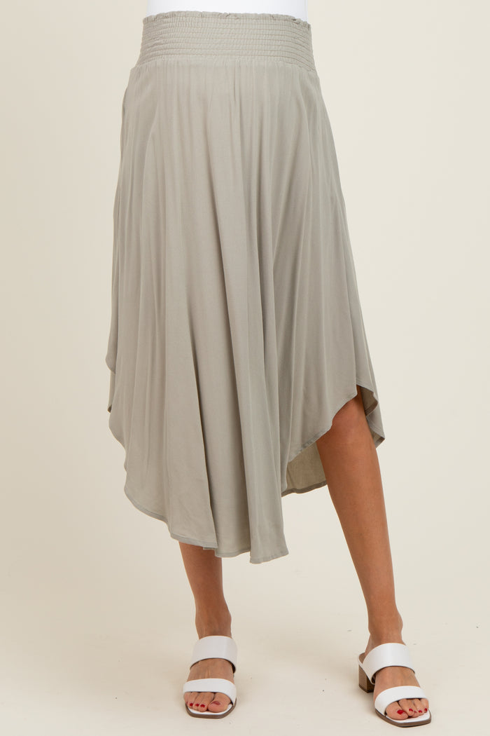 Light Olive Smocked Waist Rounded Hem Maternity Midi Skirt