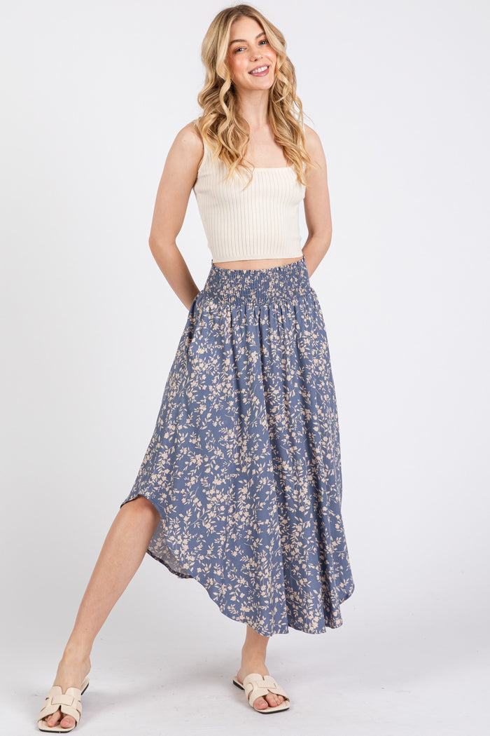Blue Floral Smocked Waist Skirt