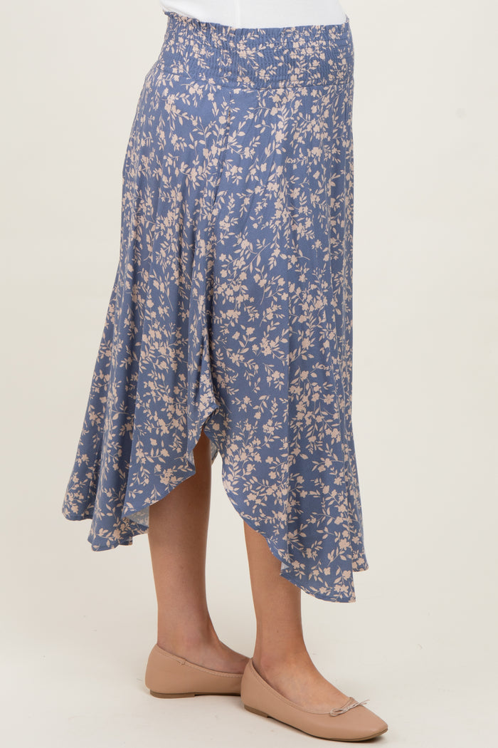 Blue Floral Smocked Waist Maternity Skirt
