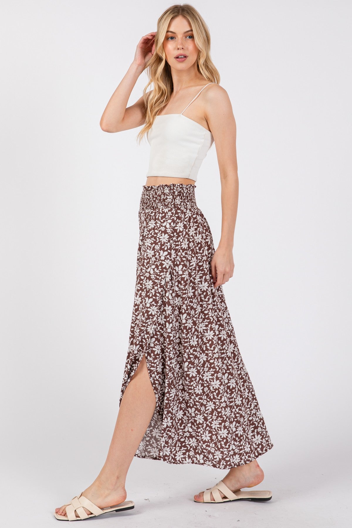 Brown Floral Smocked Waist Side Slit Skirt