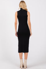 Black Knit Turtleneck Sleeveless Side Slit Midi Dress