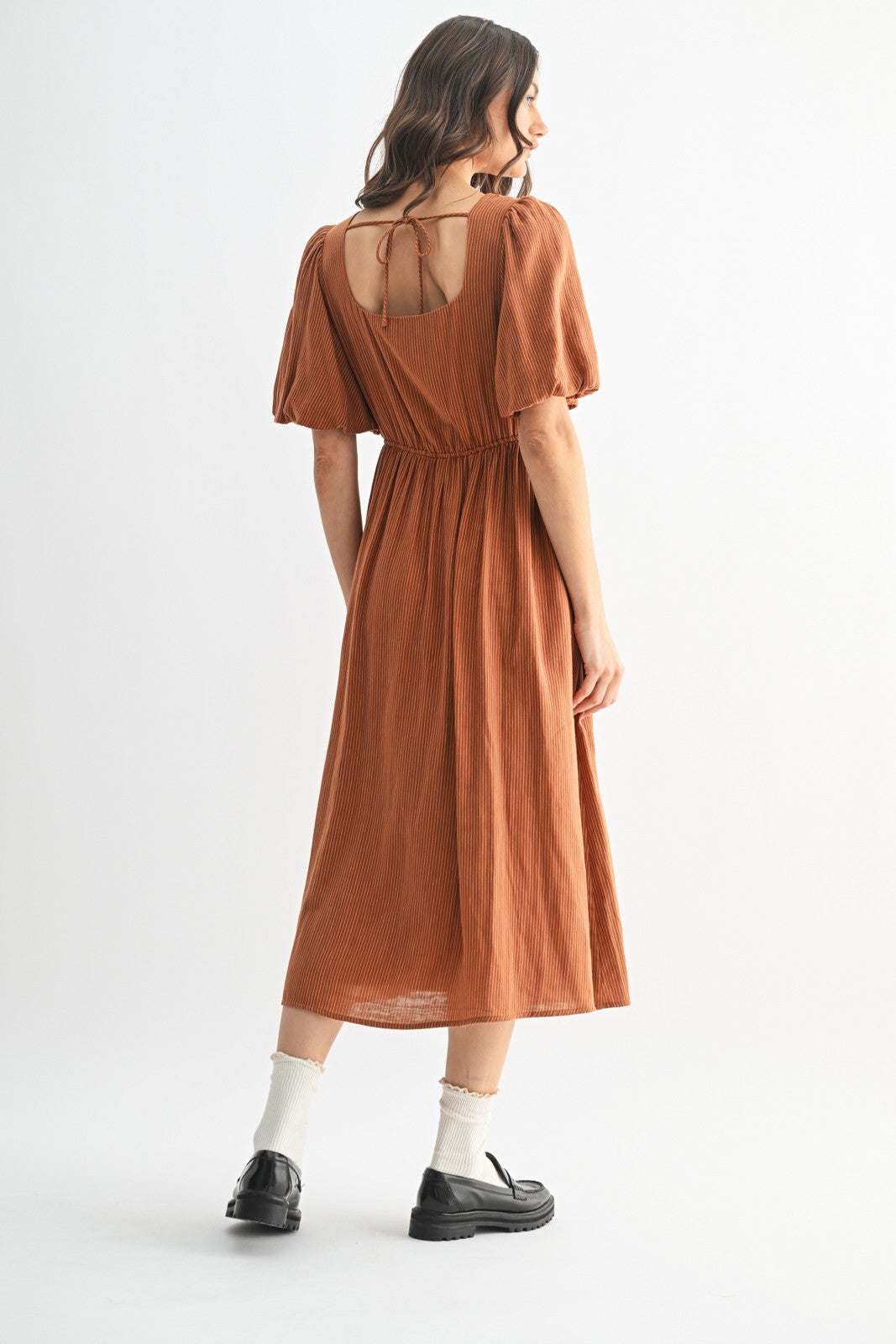 Rust Ribbed Puff Sleeve Tie Back Midi Dress