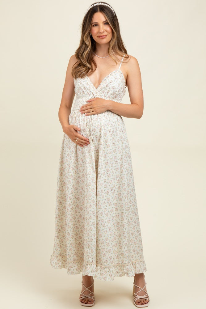 Mauve Floral Smocked Waist Ruffle Accent Maternity Midi Dress