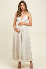 Mauve Floral Smocked Waist Ruffle Accent Maternity Midi Dress