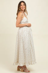 Mauve Floral Smocked Waist Ruffle Accent Maternity Midi Dress