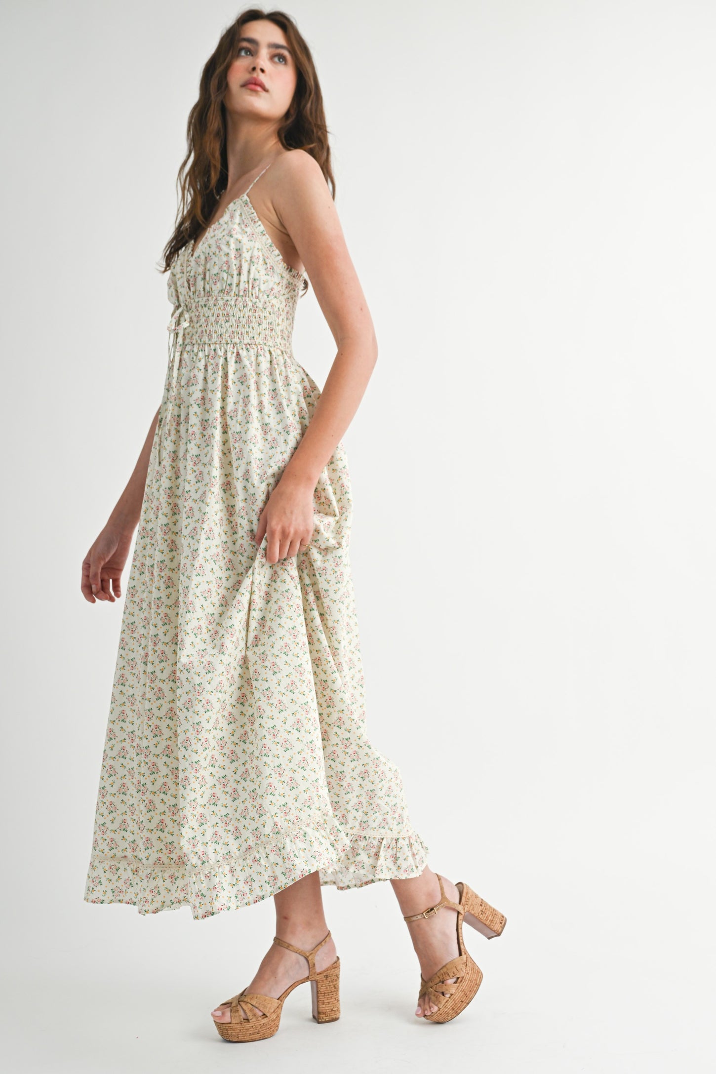 Pink Floral Smocked Waist Ruffle Accent Midi Dress