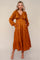 Rust Solid V-Neck Satin Long Sleeve Maxi Dress