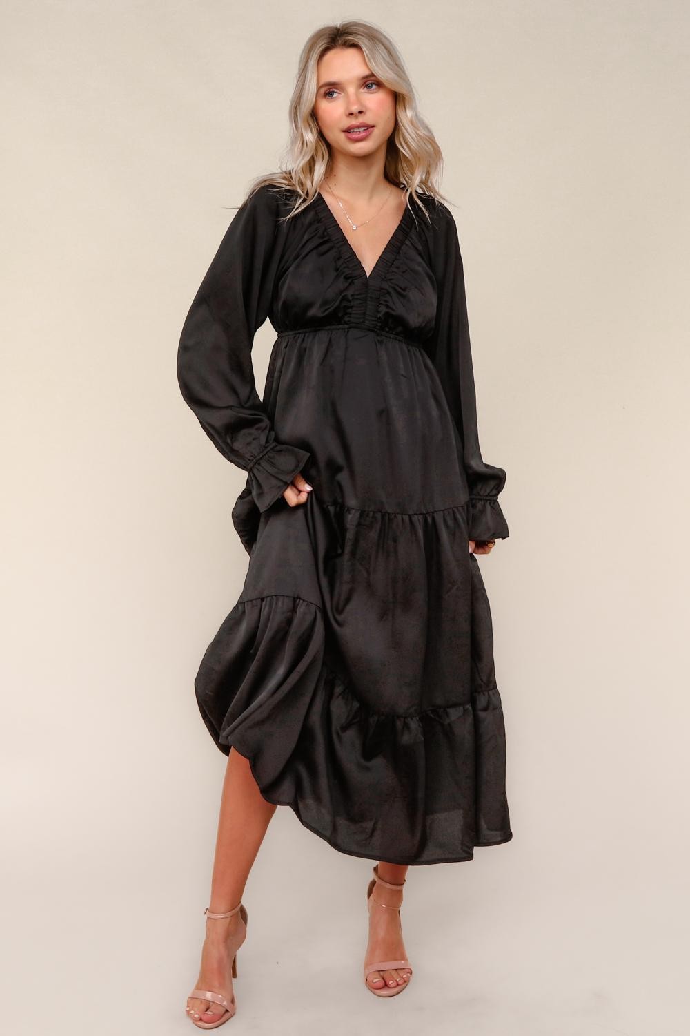 Black Solid V-Neck Satin Long Sleeve Maternity Maxi Dress