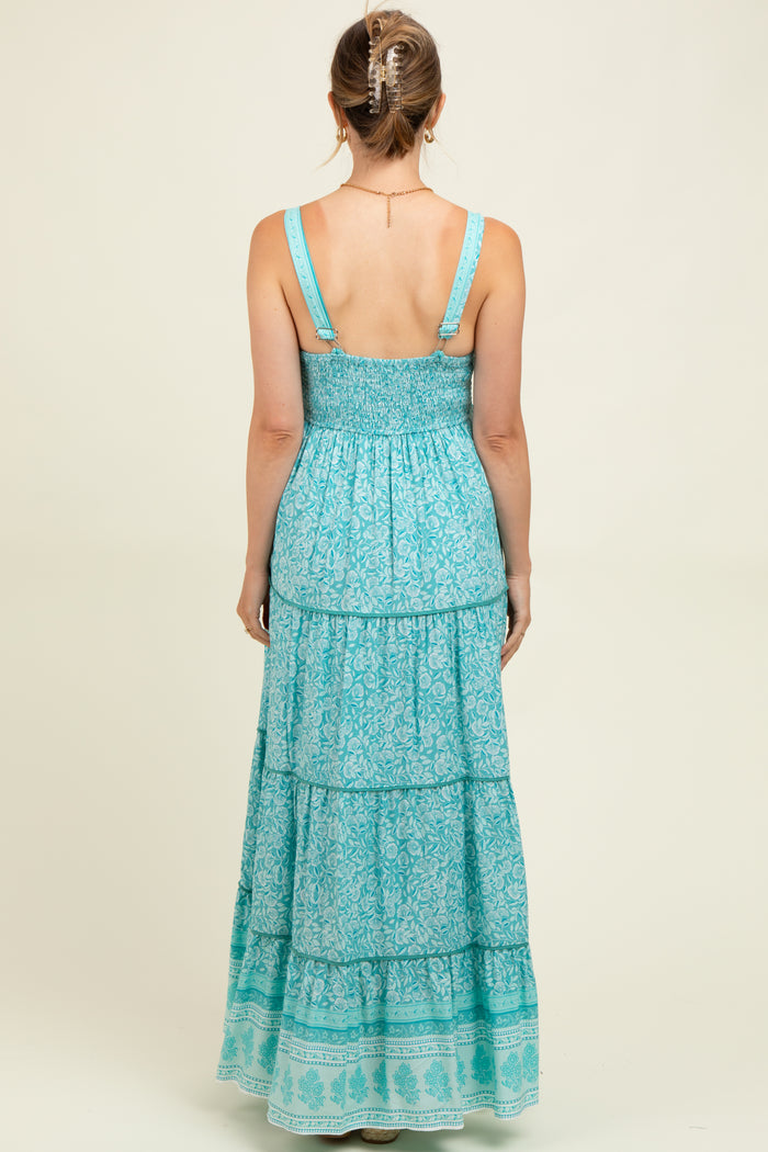 Aqua Border Print Sleeveless Maternity Maxi Dress