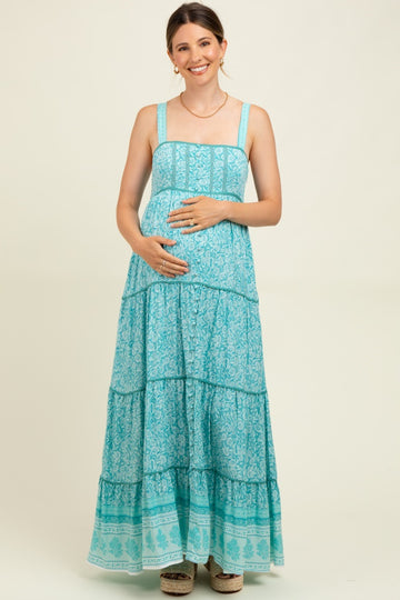 Aqua Border Print Sleeveless Maternity Maxi Dress