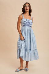 Light Blue Cross Stitch Embroidered Maxi Dress