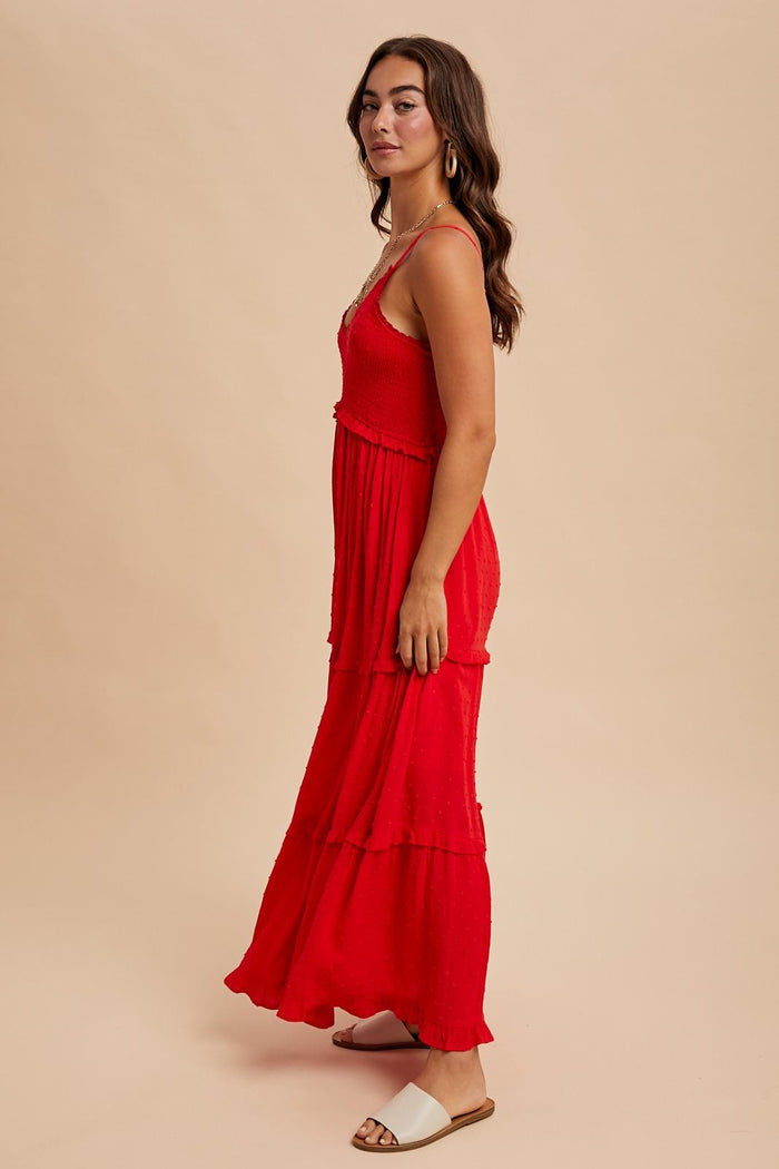 Red Swiss Dot Smocked Sleeveless Maxi Dress