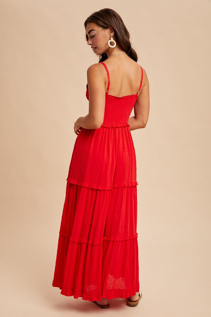Red Swiss Dot Smocked Sleeveless Maxi Dress