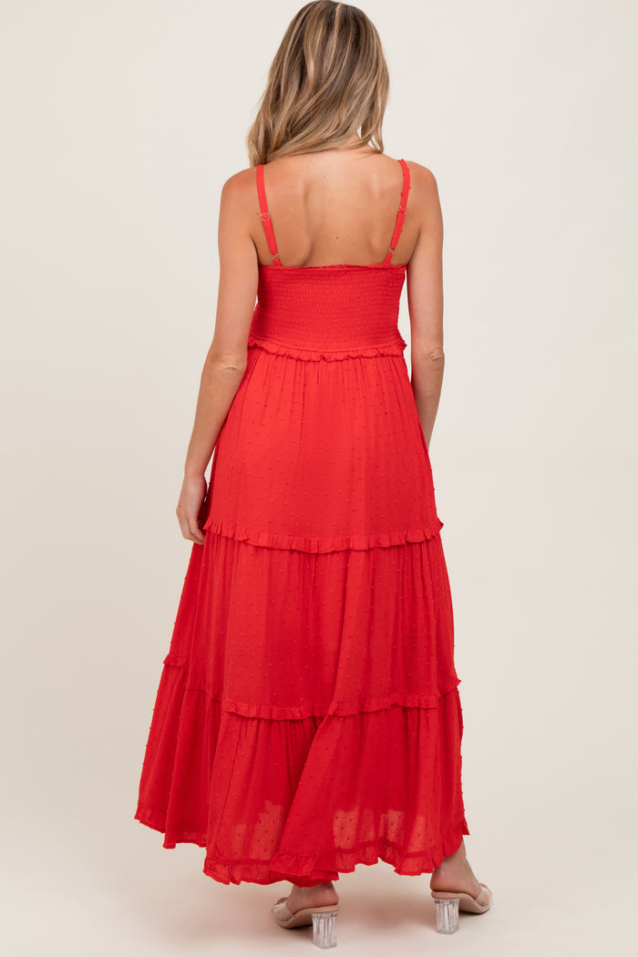 Red Swiss Dot Smocked Sleeveless Maternity Maxi Dress