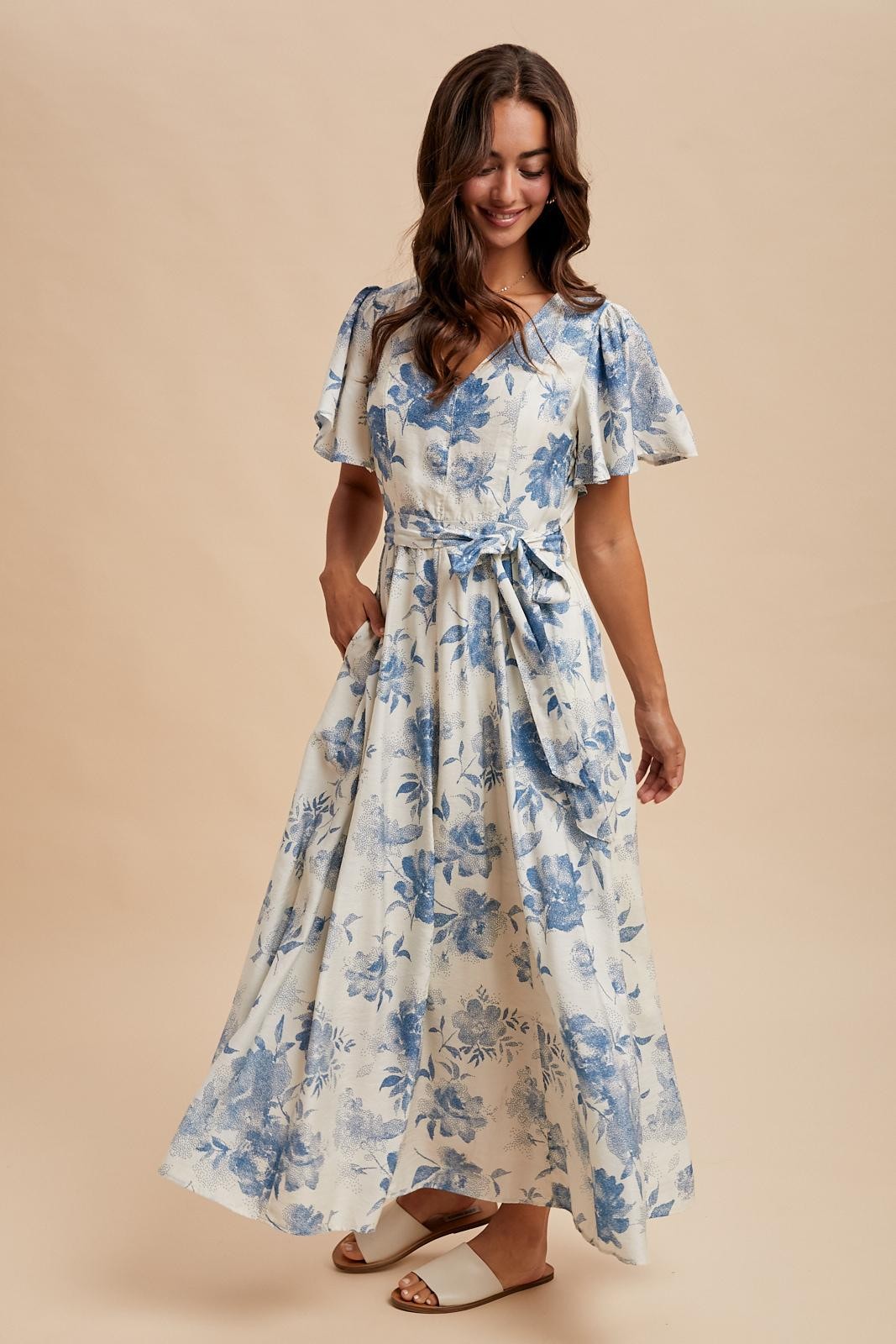Ivory Multi Floral Flutter Sleeve Maxi Dress