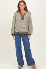 Olive Striped Oversized Collared Pullover Top