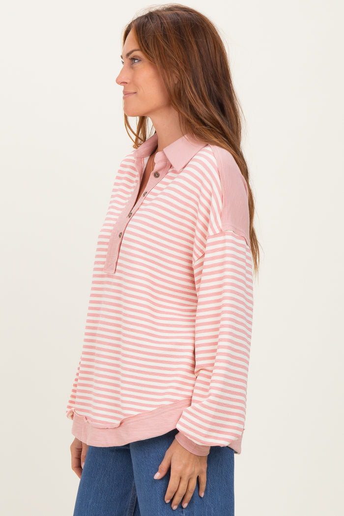 Mauve Striped Oversized Collared Pullover Top