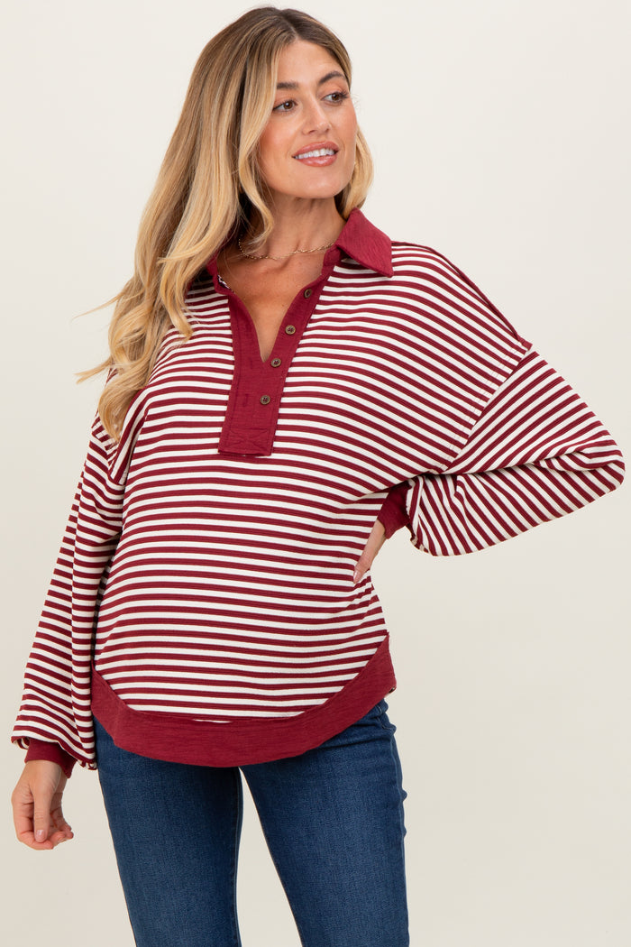 Burgundy Striped Oversized Collared Pullover Maternity Top