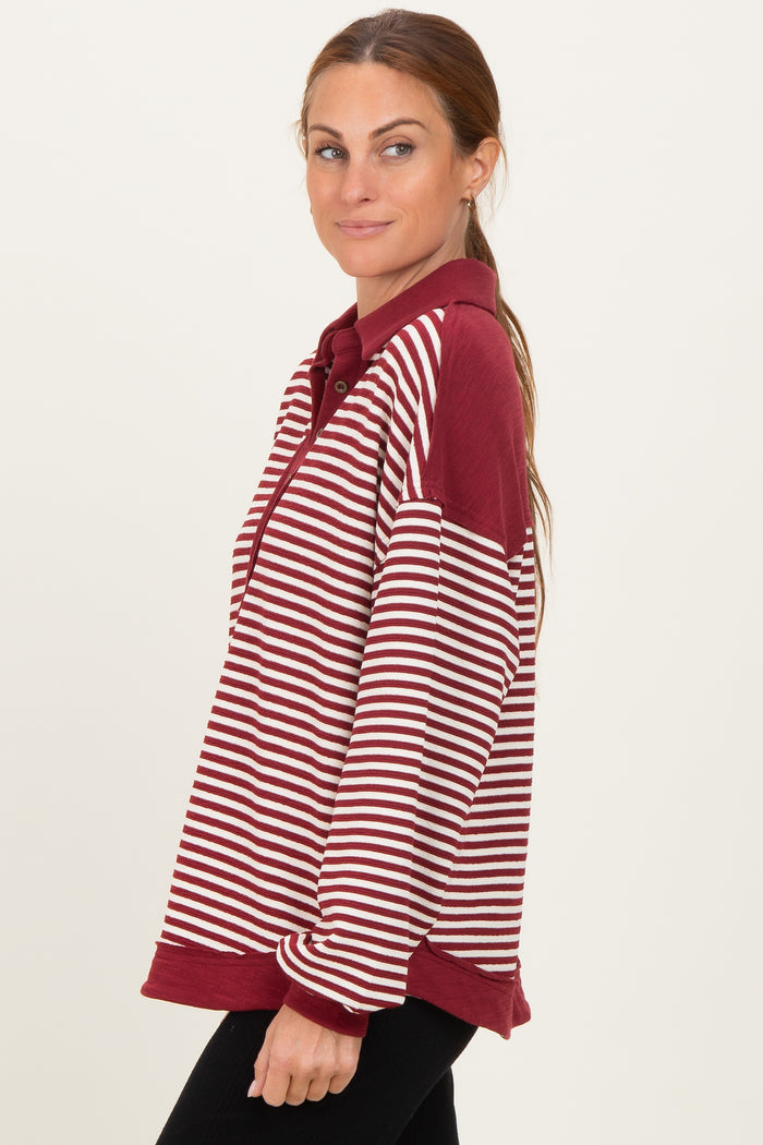 Burgundy Striped Oversized Collared Pullover Top