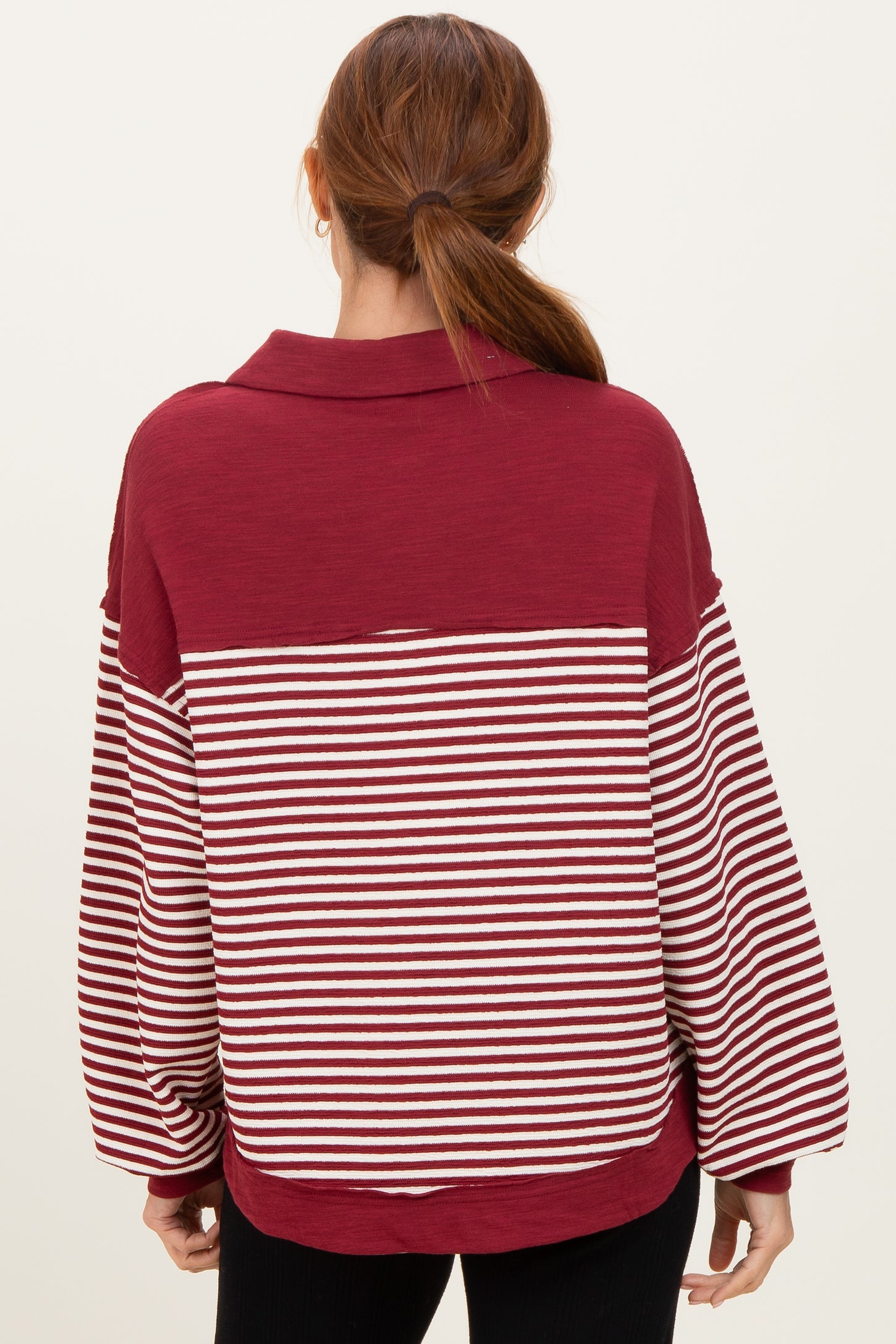 Burgundy Striped Oversized Collared Pullover Top