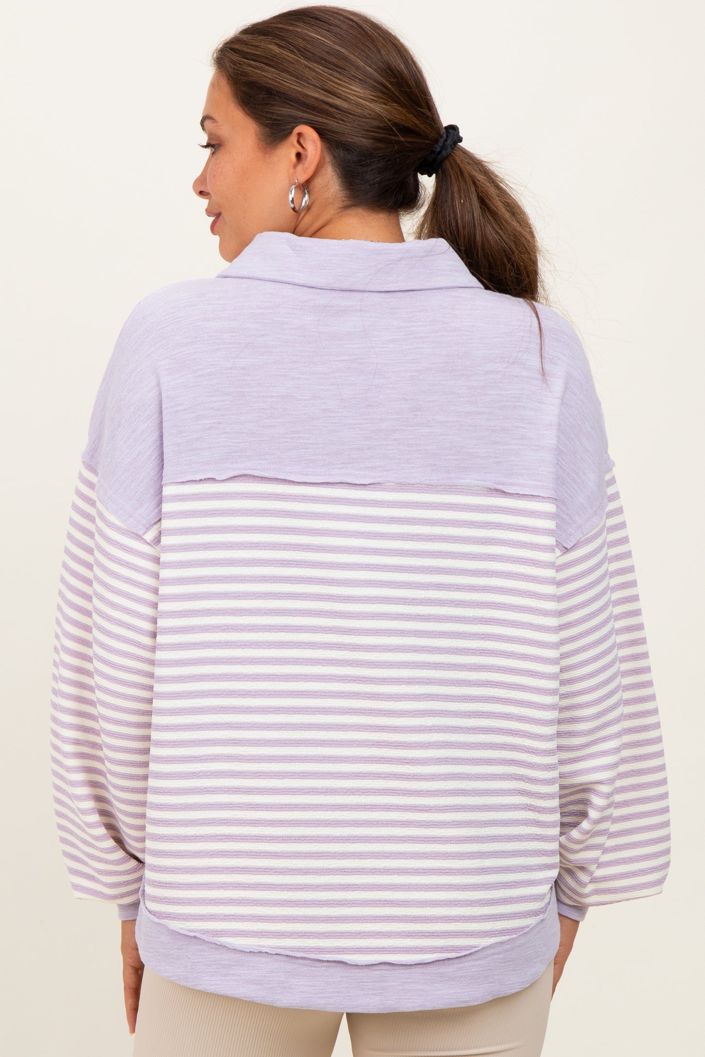 Lavender Striped Oversized Collared Pullover Maternity Top
