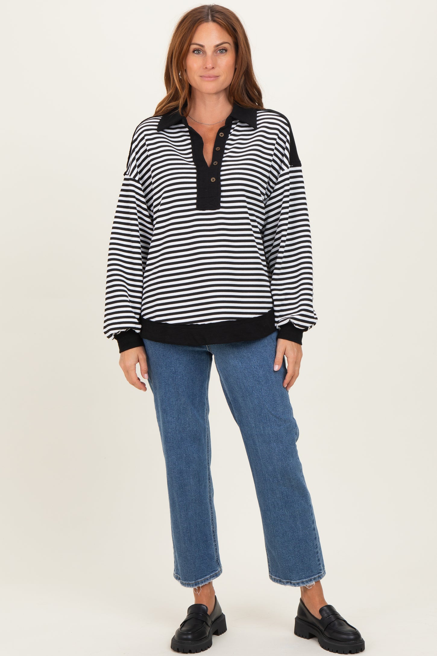 Black Striped Oversized Collared Pullover Top