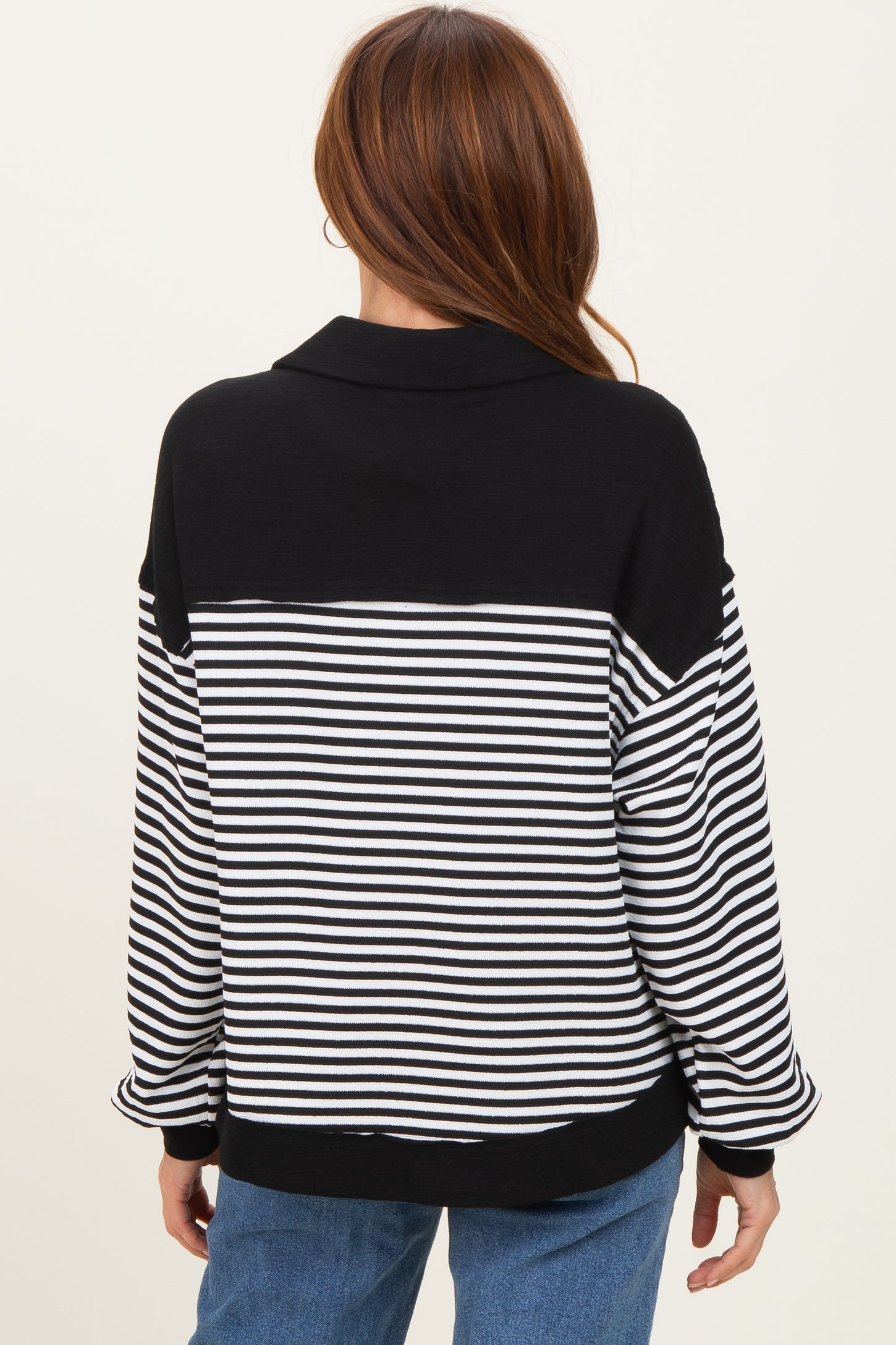 Black Striped Oversized Collared Pullover Top